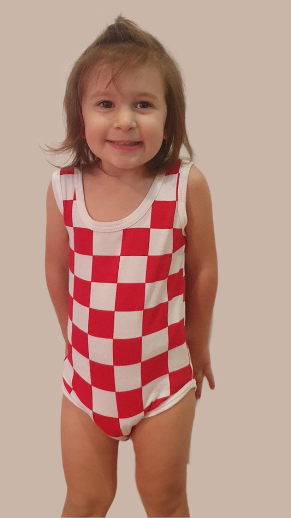 NEW BABY UNISEX CHECKERED JUMPSUIT-red/ white sleeveless