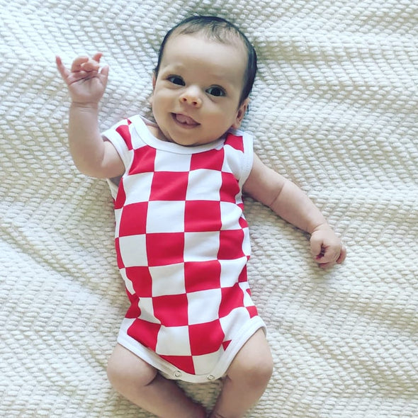 NEW BABY UNISEX CHECKERED JUMPSUIT-red/ white sleeveless